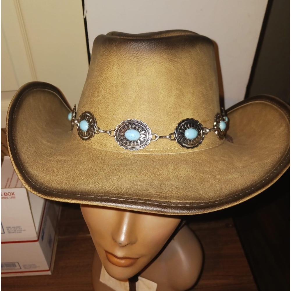 Tan Leather Cowboy Hat with Silver and Turquoise Hatband